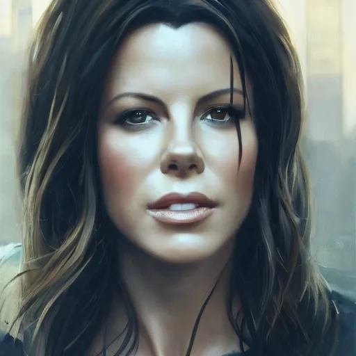 Image similar to closeup portrait of a kate beckinsale, seductive smile, chiaroscuro, city background, golden hour, dramatic lighting, complementary contrast, high detail, painted by greg rutkowski, painted by igor kieryluk, trending on artstation