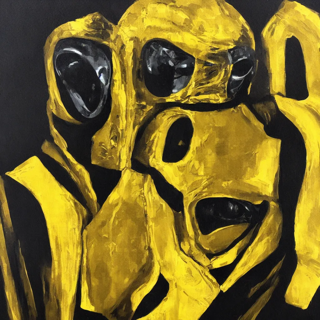 Image similar to android dressed in mask and robes, gold yellow and black colour scheme, canvas, oil paint style