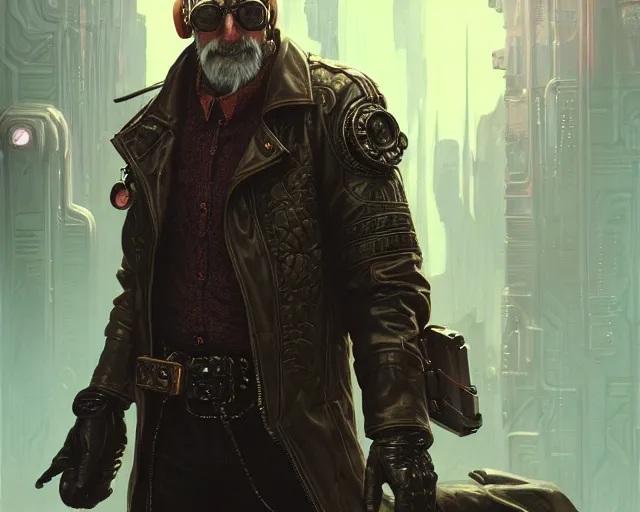 Image similar to old man with cyberpunk leather jacket, deep focus, d & d, fantasy, intricate, elegant, highly detailed, digital painting, artstation, concept art, matte, sharp focus, illustration, hearthstone, art by artgerm and greg rutkowski and alphonse mucha