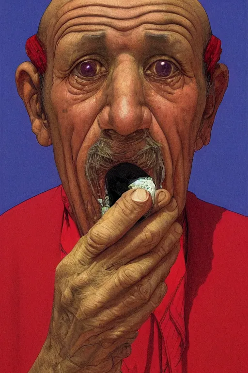 Prompt: a closeup portrait of an old moroccan man licking a blotter paper of LSD acid on his tongue and dreaming psychedelic hallucinations, by kawase hasui, moebius, Edward Hopper and James Gilleard, Zdzislaw Beksinski, Steven Outram colorful flat surreal design, hd, 8k, artstation