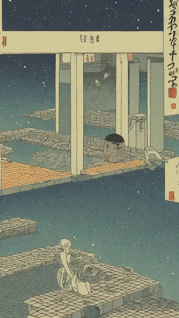 Prompt: a beautiful ancient bathhouse with a bathing alien creature at midnight by hasui kawase
