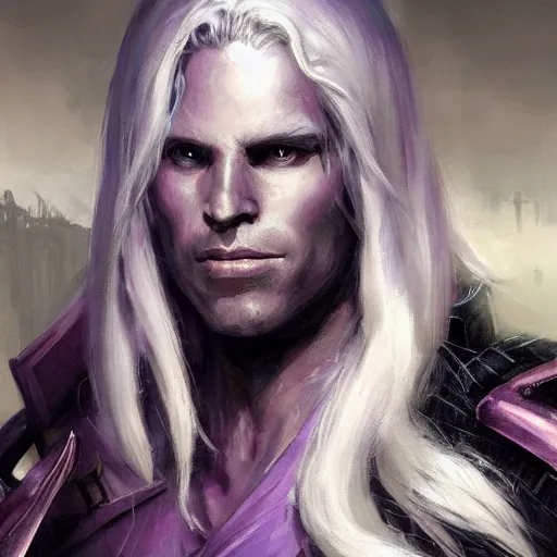 Prompt: closeup portrait drizzt do'urden, drow, black skin, lavender eyecolor, dungeons and dragons character, castle background, gorgeous view, realistic, high detail, digital art, painted by greg rutkowski, painted by jeremy mann, trending on artstation