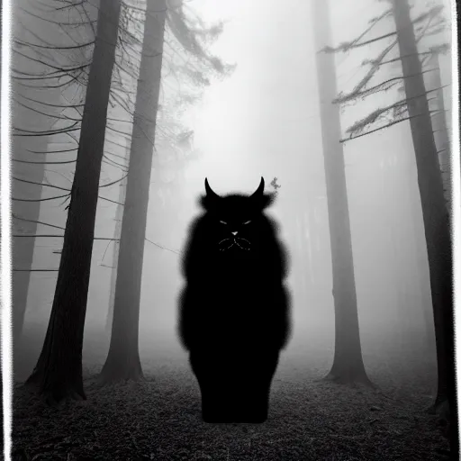 Image similar to giant black fluffy demon in the centre of misty forest, monochrome lomography