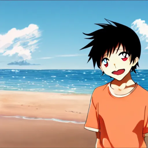 Prompt: Anime boy standing on the beach, smiling at the camera. Blue sky. Anime Still frame.