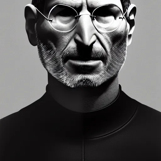 Image similar to steve jobs dramatic self portrait, 30mm photography, gta artstyle, wide shot, dramatic lighting, octane render, hyperrealistic, high quality, highly detailed, artstation, HD, beautiful, cinematic, 8k, unreal engine, facial accuracy, symmetrical