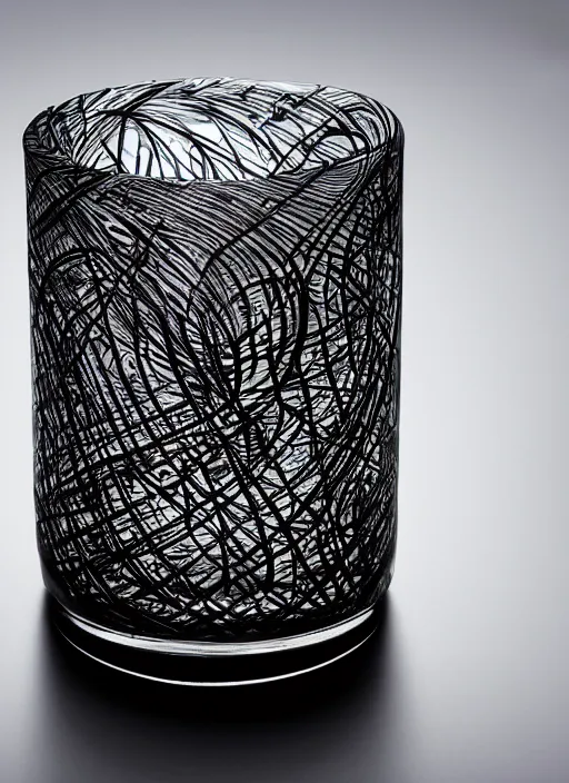 Prompt: A candle designed by Rene Lalique, transparent glass with intricate carbon fibers, studio photography, beautiful bokeh