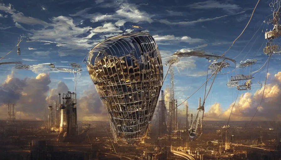 Image similar to an inflated stainless steel chrome gondola in the clouds, people are hanging by steel cables. Oil rigs in the sky. Intricate technical drawing. Mammatus clouds. Ornate, brilliant, utopian, detailed, Golden ratio, solarpunk technology by Jim Burns and Craig Mullins