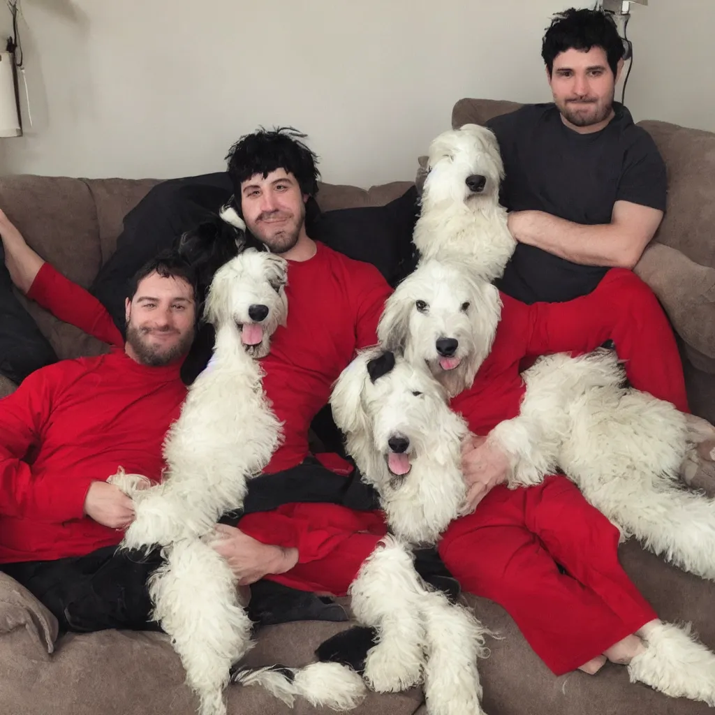 Prompt: Photo of a 30 year old man with short black hair and a red shirt sitting on a couch, with an Old English Sheepdog sitting next to him in a basket