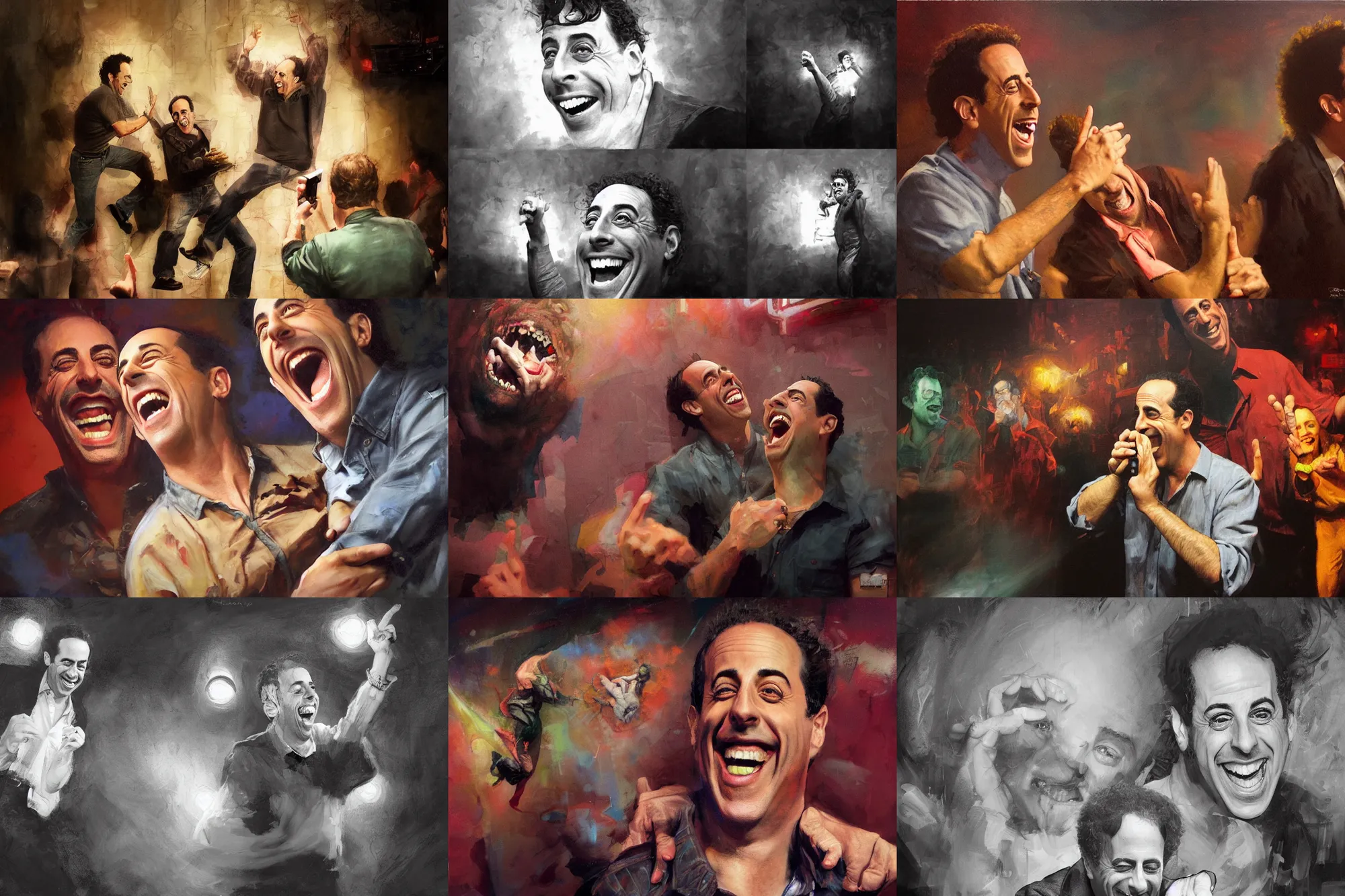 Prompt: a mixed media portrait painting of nineties jerry seinfeld laughing hysterically in a comedy club, hyperrealistic, by frank frazetta, greg rutkowski, christian macnevin, wlop, krenz cushart, epic fantasy character art, volumetric lighting, cgsociety, exquisite detail, masterpiece, cinematic