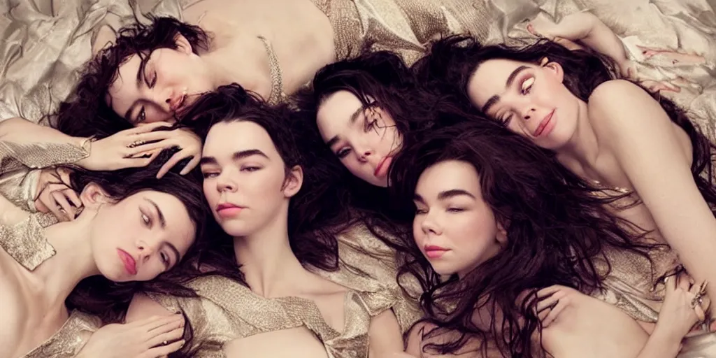 Image similar to stunning photo of dark - haired goddesses vanessa kirby, hailee steinfeld, and bjork smiling, intertwined, laying back on pillows, with wet faces, wet lips, perfect eyes, insanely detailed, elegant, by rutkowski, livia prima, mucha, wlop,