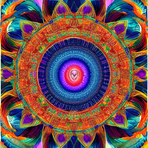 Prompt: A beautiful Buddhist Mandala, hyper-detailed, rainbow color scheme :: Mystical, astral, concept art