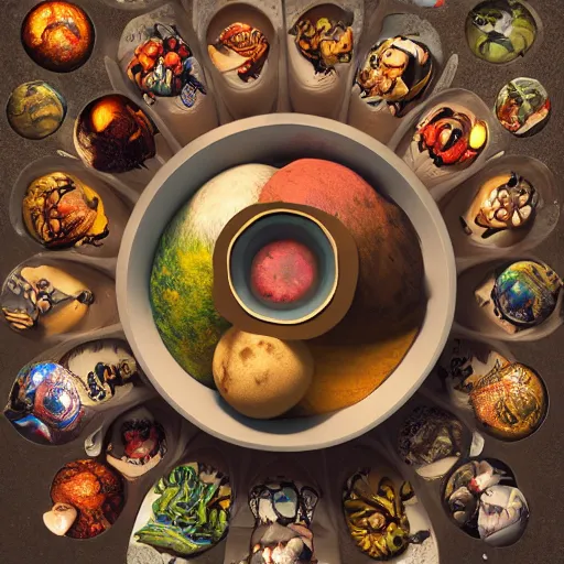 Image similar to multiverse [ within bowl ]!!! resting on table, trending on artstation, cgsociety, [ overhead view ]!!, 4 k quality, intricately defined, professional photography, complexly detailed, polycount