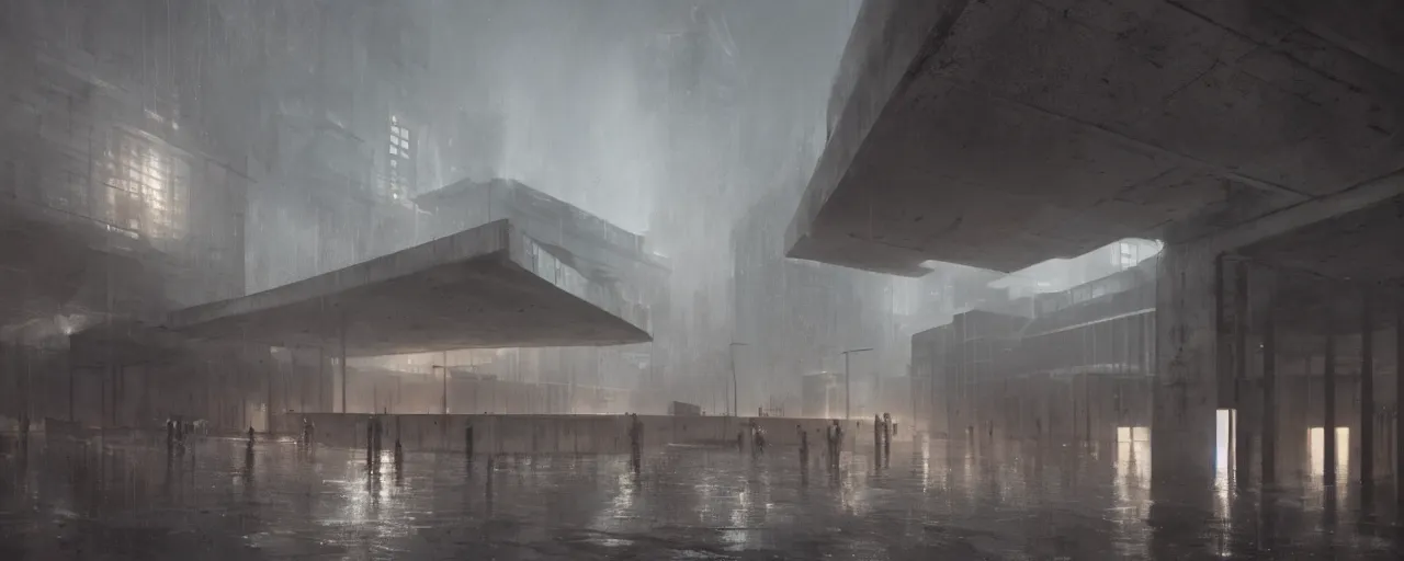 Prompt: brutalist architecture, metal, concrete, night, rain, drama, stunning volumetric lighting, 8K, trending on artstation, by greg rutkowski