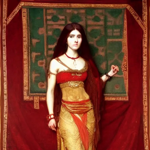 Prompt: orientalist portrait of a woman in a red dress with copper jewelry standing in front of tapestry carpet intricate artwork by john william waterhouse and Edwin Longsden Long and Theodore Ralli and Henryk Siemiradzki. trending on artstation, very coherent symmetrical artwork high detail 8k