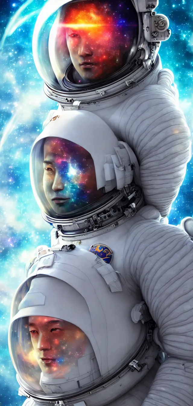 Prompt: portrait of man in cosmos in space suit as unimaginably beautiful, gorgeous, elegant, young astronaut, anime, manga, kim jung gi, irakli nadar, bright colors, starts shining, intricate linework, white fur, unreal engine 5 highly rendered, global illumination, radiant light, detailed