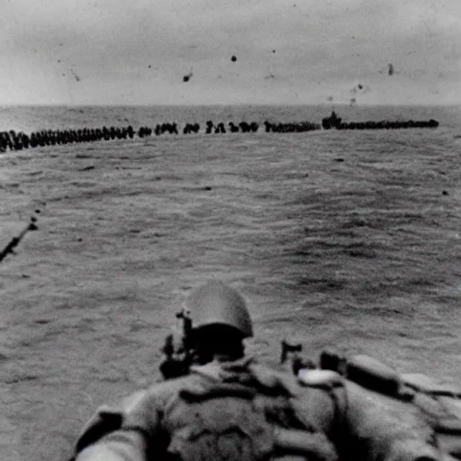 Prompt: first person view of the battle of d - day at normandy beach