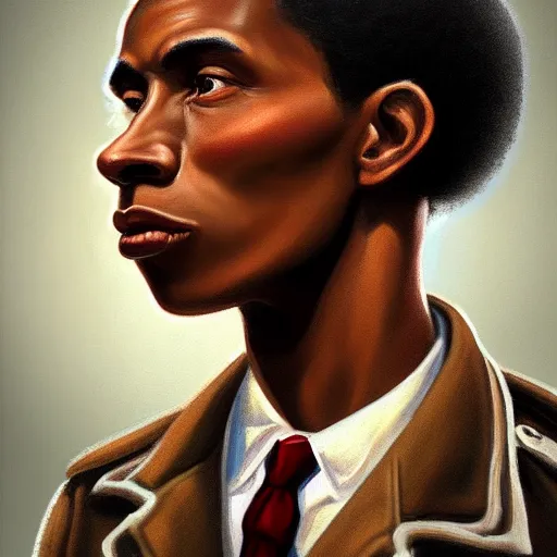 Prompt: A Hearts of Iron IV portrait of an African American young man with high cheekbones. Good bone structure. Dressed in 1940s style. Highly detailed, fine Art, high detail, great lighting, 8k resolution, masterpiece, concept art, illustration, clear eyes, painting oil on canvas, octane render, HDR, trending on artstation, 4k, 8k, HD