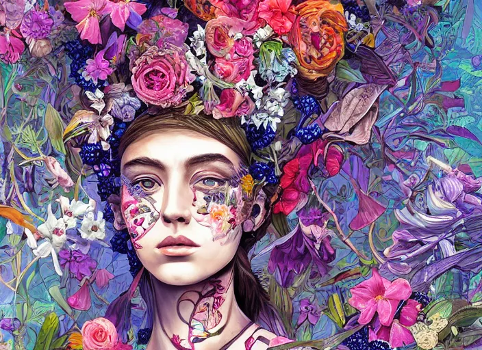 Image similar to a painting of a beautiful cyborg girl with a lot of flowers, blueberries and exotic plants on its head, poster art by android jones, behance contest winner, generative line art, made of flowers, grotesque, concert poster