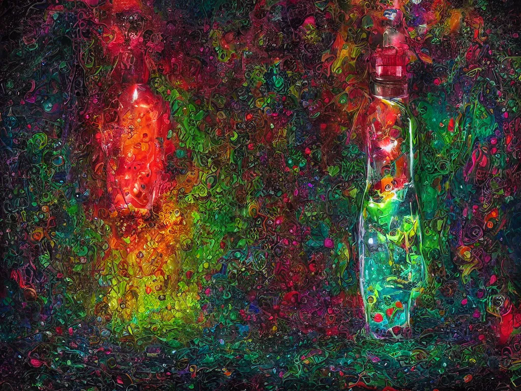 Image similar to the emotion melancholy in a bottle, trying to escape, dark aesthetic, bright colours trying to escape but are drowned, highly detailed, trending on artstation, museum project, intricate details