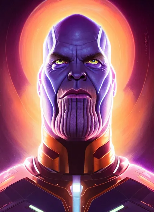 Image similar to symmetry portrait of thanos, sci - fi, tech wear, glowing lights intricate, elegant, highly detailed, digital painting, artstation, concept art, smooth, sharp focus, illustration, art by artgerm and greg rutkowski and alphonse mucha