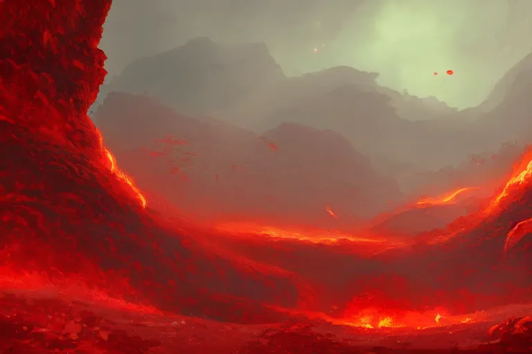 Image similar to red themed lava landscape, meteor shower, epic, miyazaki style, cinematic, indie, highly detailed, featured on artstation, highly detailed, abstract