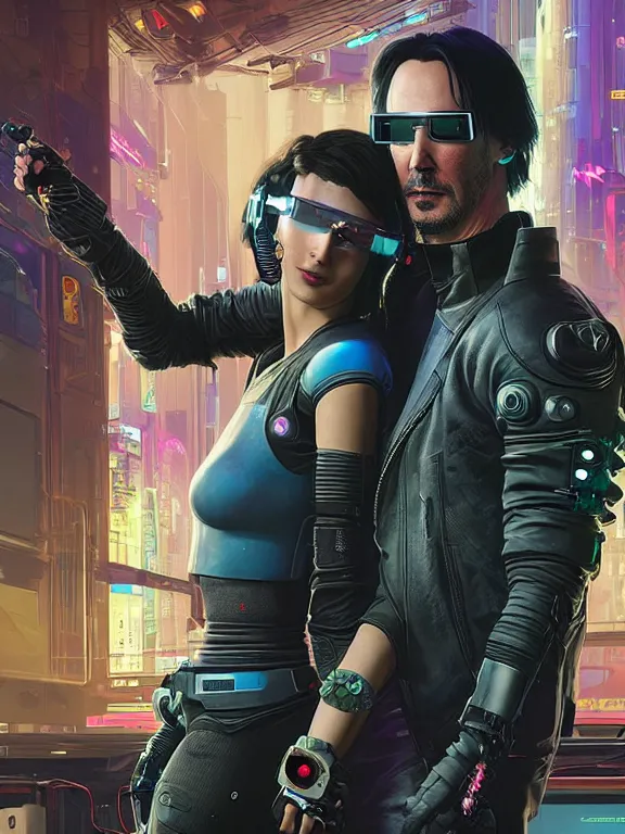 Prompt: a cyberpunk 2077 couple portrait of Keanu Reeves and A female android with VR glasses,complex mess of cables and wires behind them connected to giant computer,love story,film lighting,by laurie greasley,Lawrence Alma-Tadema,Donato Giancola,William Morris,Dan Mumford,trending on atrstation,FAN ART,Digital painting,full of color,face enhance,highly detailed,8K, octane,golden ratio,cinematic lighting