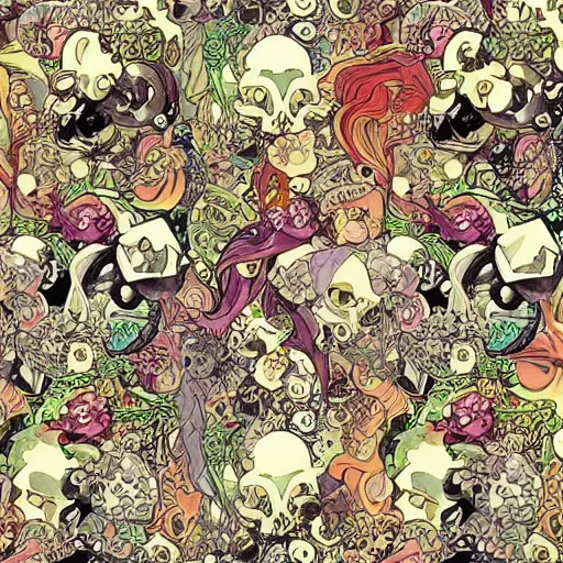 Image similar to anime manga pattern of birds and skulls spiral illustration style by Alphonse Mucha and comic pop art nouveau