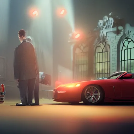 Image similar to a red headed man receiving a subpoena from the fbi at his mansion, ultra photorealistic film still in new york. sparkling lights, wide shot, frog perspective, ultra sharp, wes anderson, studio ghibli, pixar and disney animation, octane render, anime key art by greg rutkowski, bloom, dramatic lighting,