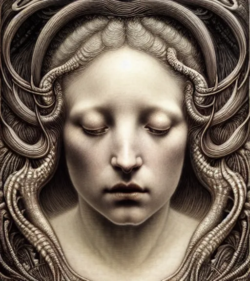 Prompt: detailed realistic beautiful twilight goddess face portrait by jean delville, gustave dore, iris van herpen and marco mazzoni, art forms of nature by ernst haeckel, art nouveau, symbolist, visionary, gothic, neo - gothic, pre - raphaelite, fractal lace, intricate alien botanicals, ai biodiversity, surreality, hyperdetailed ultrasharp octane render