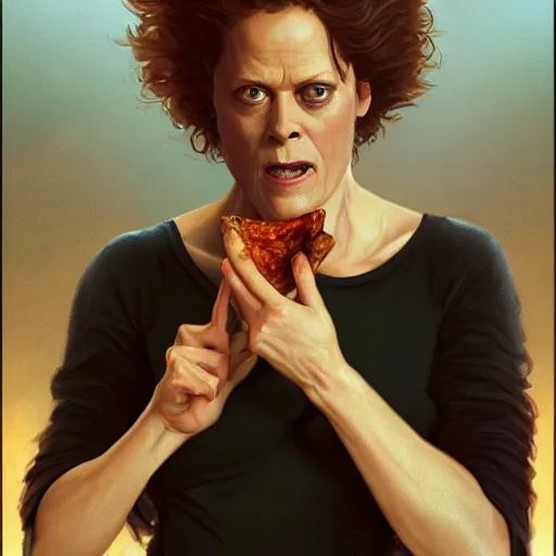 Prompt: portrait of Sigourney Weaver opening his mouth to eat pizza, highly detailed, digital painting, artstation, concept art, sharp focus, illustration, art by artgerm and greg rutkowski and alphonse mucha