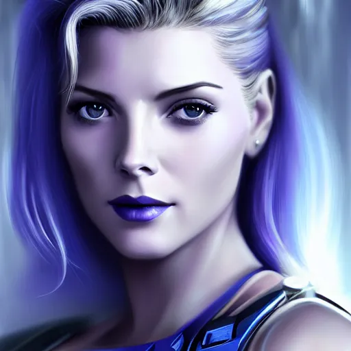 Image similar to A combination of Grace Kelly's and Katheryn Winnick's and Ashley Greene's faces with blue skin and short violet hair as Cortana from Halo, cyberpunk style, synthwave aesthetic, fantasy, intricate, elegant, highly detailed, digital painting, artstation, concept art, matte, sharp focus, illustration, half body portrait, anime style, art by Artgerm and Greg Rutkowski and Alphonse Mucha