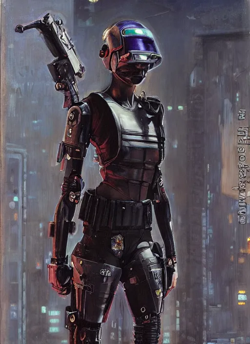 Prompt: Sgt Sara Grim. Menacing Cyberpunk police trooper wearing a combat vest and towering with robotic legs. (dystopian, police state, Cyberpunk 2077, bladerunner 2049). Iranian orientalist portrait by john william waterhouse and Edwin Longsden Long and Theodore Ralli and Nasreddine Dinet, oil on canvas. Cinematic, vivid colors, hyper realism, realistic proportions, dramatic lighting, high detail 4k