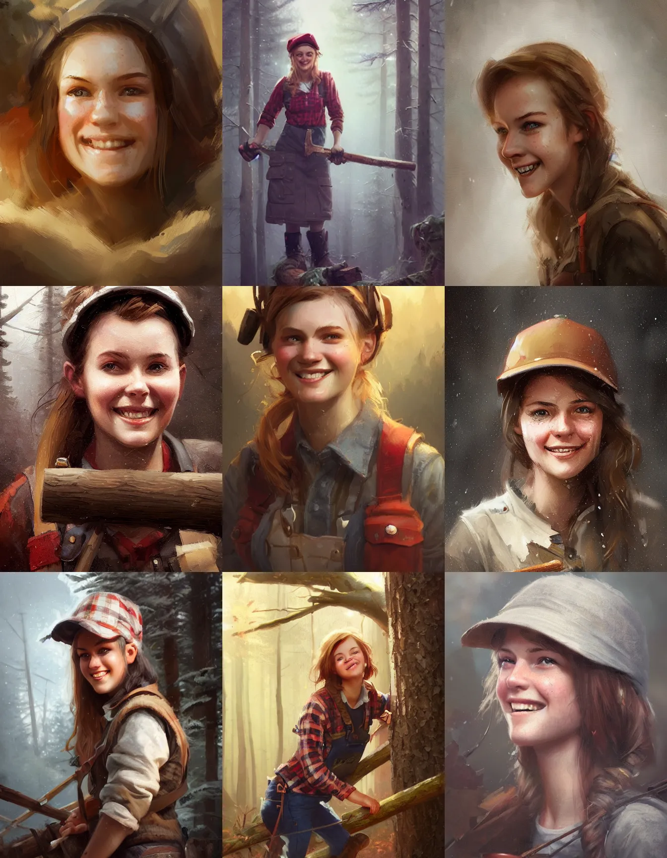 Prompt: young female lumberjack, smiling, digital portrait by greg rutkowski, intricate, soft focus, highly detailed, cinematic, epic, artstation