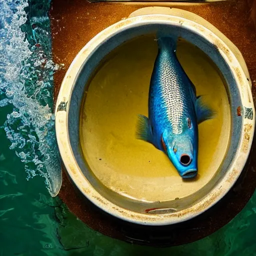 Prompt: photo of fish swimming in a toilet bowl.