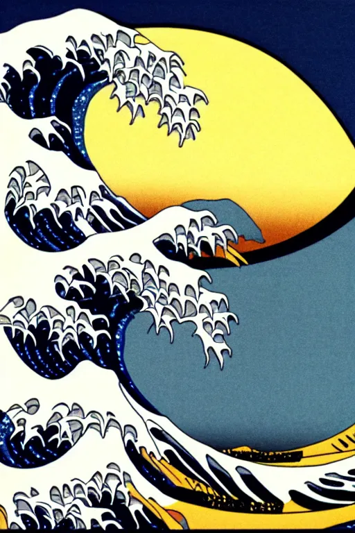 Image similar to Patrick Nagel Poster Illustration of The Great Wave off Kanagawa, sunset in the background