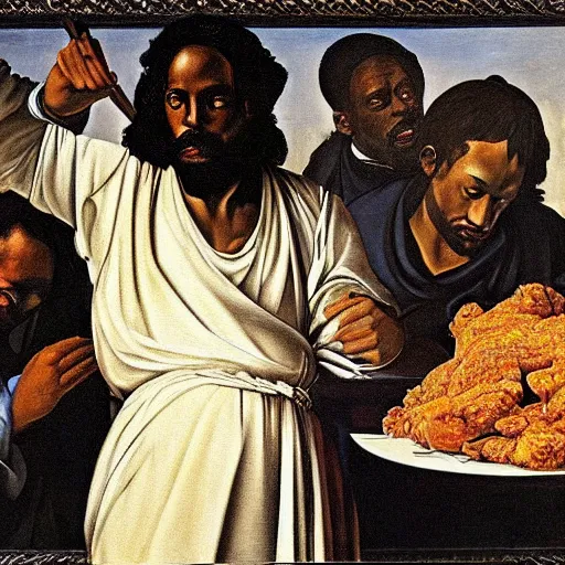 Image similar to black jesus eating fried chicken during the great war, oil painting, sacred art, illustration, caravaggio