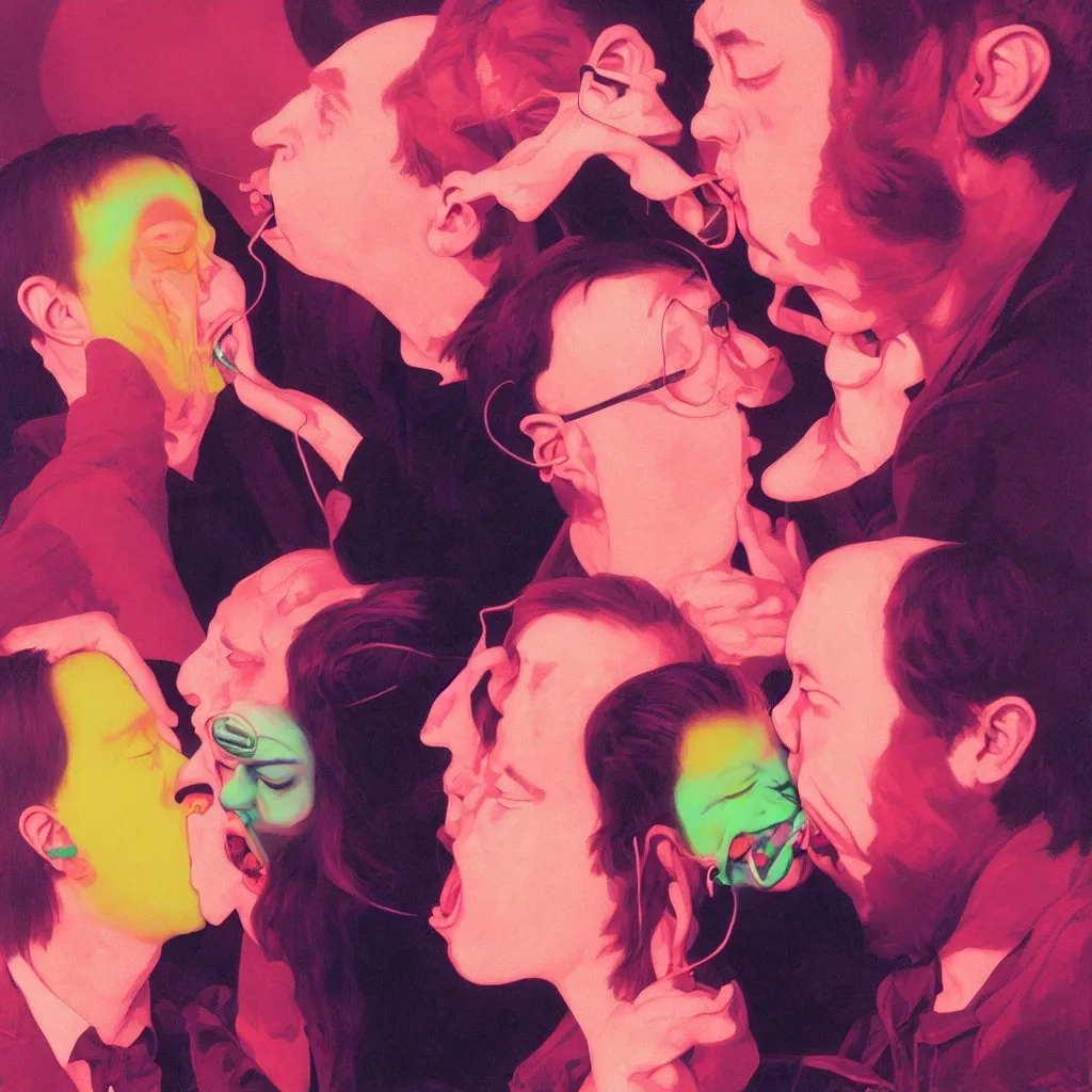 Image similar to weird and disturbing portrait of bill hicks kissing todd solondz, tongue, vivid colors, neon, art by ( ( ( kuvshinov ilya ) ) ) and wayne barlowe and francis bacon and artgerm and wlop and william - adolphe bouguereau