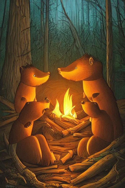 Image similar to an illustration of two evil beavers sitting next to a campfire in a dark forest at night, epid, digital drawing, beautiful, highly detailed, cinematic style, poster