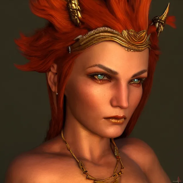 Prompt: perfectly centered close up portrait of goddess of fire, perfect human female specimen, candid photography, by anne stokes and todd mcfarlane, updo, highly detailed, unreal engine 5