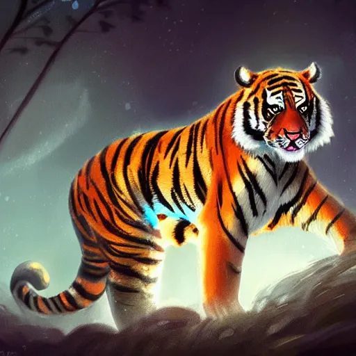 Image similar to adorable glowing tiger, trending on art station, cute, big eyes, matte painting, concept art, pixar, disney, highly detailed, cinematic composition, unreal engine, sharp focus, realistic