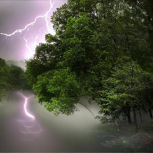 Prompt: a hyper realistic image of a river going between the trees and it is raining heavily and in the cloud you can see lightning