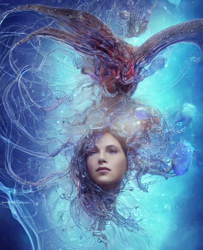 Image similar to close-up macro portrait of the face of a beautiful princess, epic angle and pose, symmetrical artwork, 3d with depth of field, blurred background, cybernetic jellyfish female face skull phoenix bird, translucent, nautilus, energy flows of water and fire. a highly detailed epic cinematic concept art CG render. made in Maya, Blender and Photoshop, octane render, excellent composition, cinematic dystopian brutalist atmosphere, dynamic dramatic cinematic lighting, aesthetic, very inspirational, arthouse. y Greg Rutkowski, Ilya Kuvshinov, WLOP, Stanley Artgerm Lau, Ruan Jia and Fenghua Zhong