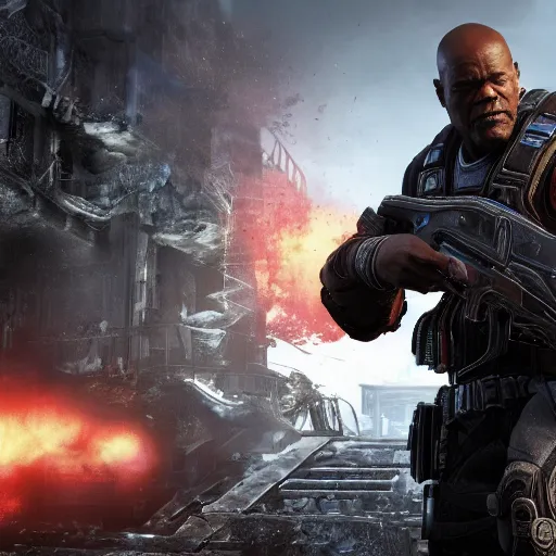 Image similar to Samuel L Jackson in Gears of War, splash art, movie still, cinematic lighting, dramatic, octane render, long lens, shallow depth of field, bokeh, anamorphic lens flare, 8k, hyper detailed, 35mm film grain