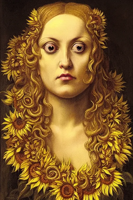 Image similar to hyper realistic painting portrait of the lady of sunflowers, occult diagram, elaborate details, rococo, baroque, gothic, intrincate ornaments, gold decoration, caligraphy, occult art, illuminated manuscript, oil painting, art noveau, in the style of roberto ferri, gustav moreau, jean delville, bussiere, andrew gonzalez, jim harter