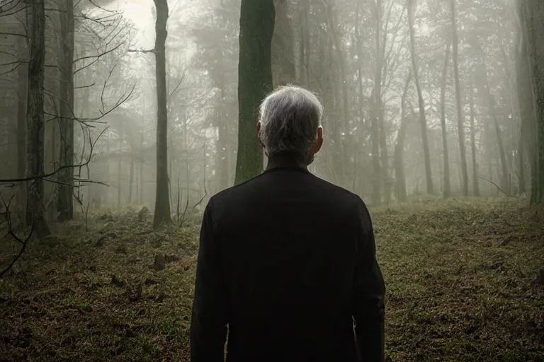 Image similar to a photorealistic cinematic headshot portrait of a skinny evil male scientist, stood in a spooky forest, fog, shrubbery, 8 k, detailed, backlight, deep focus, movie still, moody lighting, by werner herzog