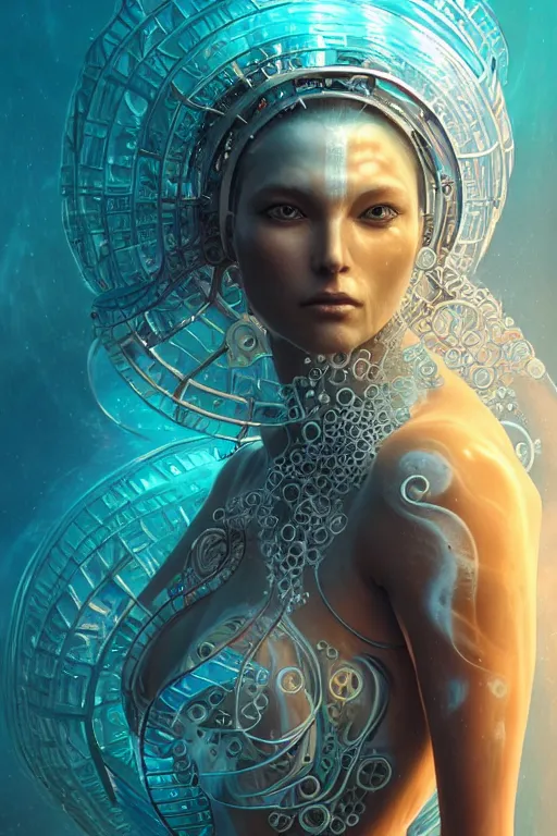 Image similar to a centered render of an ancient futuristic shaman with digital modifications surrounded by a underwater ink pour and flowing liquid gallium and complex sacred geometry, perfect body and face, powerful, cinematic, beautifully lit, by artgerm, by karol bak, 3 d, trending on artstation, octane render, 8 k