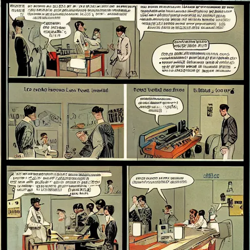 Prompt: a detailed comic book page of a Victorian science laboratory