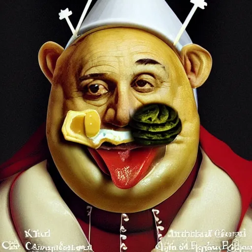 Prompt: a amazing new surrealist hybrid of the pope mixed with an anthropomorphic cheeseburger made of the popes face by kandinskali and catrin welz - stein, melting cheese, steamed buns, grilled artichoke, sliced banana, salami, milk duds, licorice allsort filling