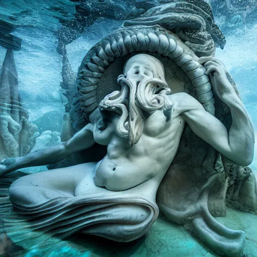 Image similar to illithid, eldritch, ancient marble statue, underwater photography