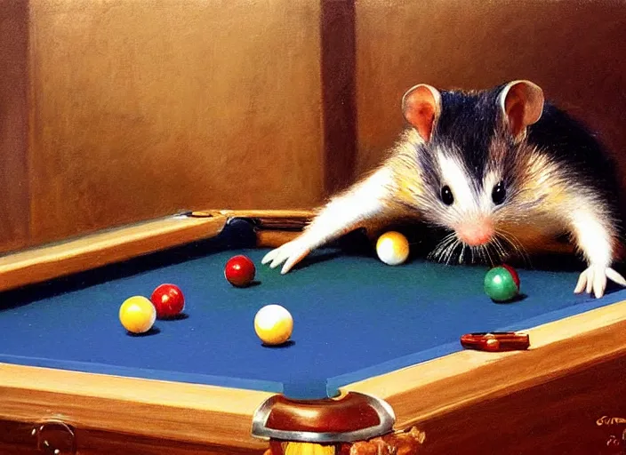 Prompt: a highly detailed beautiful portrait of a hamster playing pool, by gregory manchess, james gurney, james jean